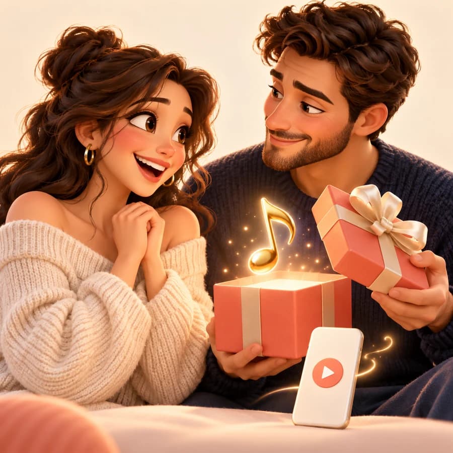 Egy pár zenés ajándékot ad át – 3D-illusztráció